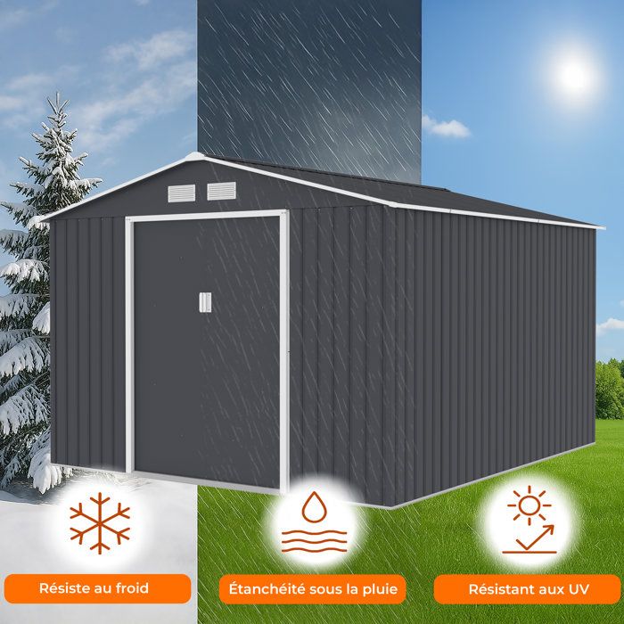 Abri de jardin en métal 8,84 m˛ - 277 x 319 x 202 cm - URANUS - Kit d'ancrage inclus, 2 portes coulissantes - Gris