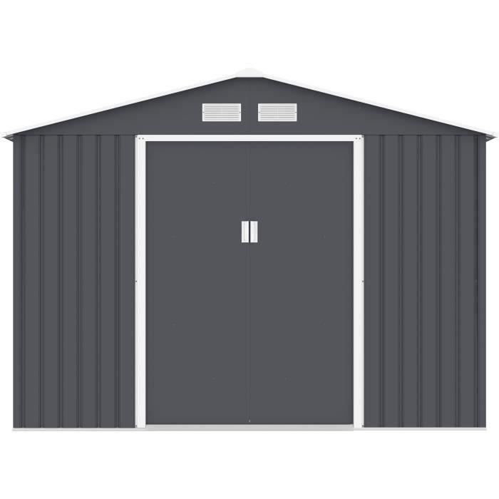 Abri de jardin en métal 8,84 m² - 277 x 319 x 202 cm - URANUS - Kit d'ancrage inclus, 2 portes coulissantes - Gris