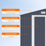 Abri de jardin en métal 8,84 m˛ - 277 x 319 x 202 cm - VELASCO - Kit d'ancrage inclus, 2 portes battantes - Gris