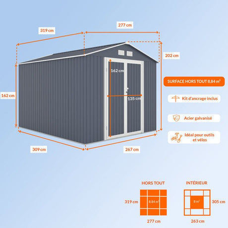 Abri de jardin en métal 8,84 m˛ - 277 x 319 x 202 cm - VELASCO - Kit d'ancrage inclus, 2 portes battantes - Gris