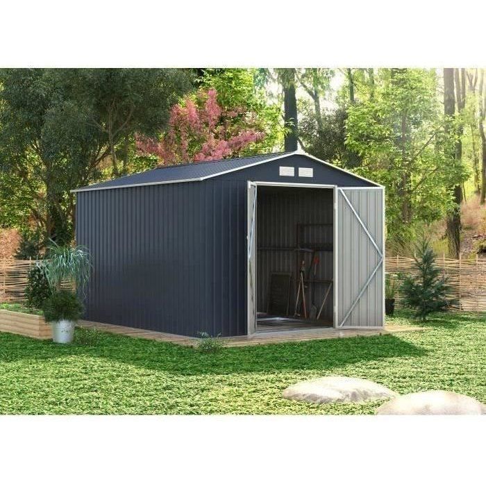 Abri de jardin en métal 8,84 m˛ - 277 x 319 x 202 cm - VELASCO - Kit d'ancrage inclus, 2 portes battantes - Gris
