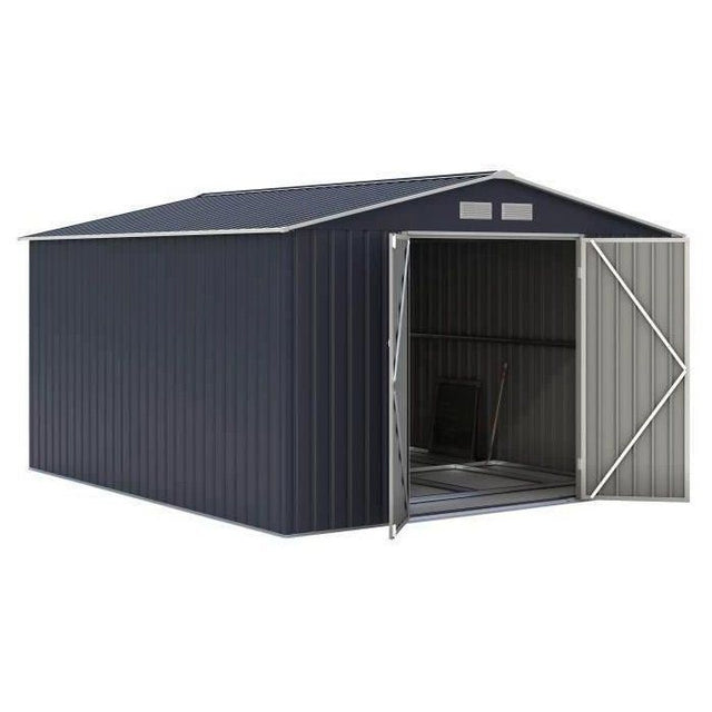 Abri de jardin en métal 8,84 m˛ - 277 x 319 x 202 cm - VELASCO - Kit d'ancrage inclus, 2 portes battantes - Gris