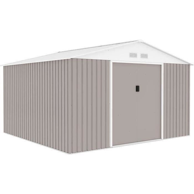 Abri de jardin en métal 10,85 m˛ - 340 x 319 x 210 cm - JUPITER - Kit d'ancrage inclus, 2 portes coulissantes - Taupe