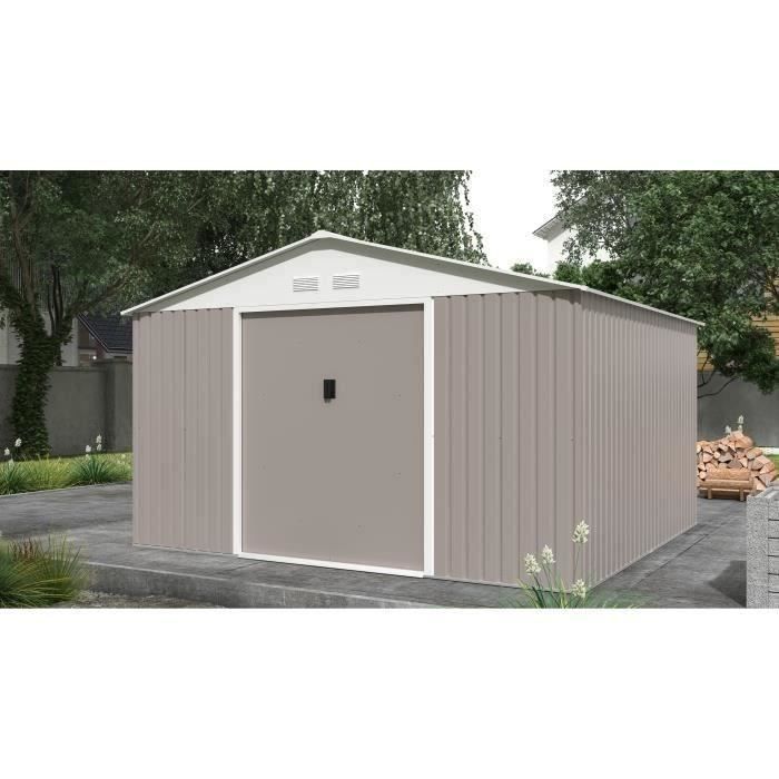 Abri de jardin en métal 10,85 m² - 340 x 319 x 210 cm - JUPITER - Kit d'ancrage inclus, 2 portes coulissantes - Taupe