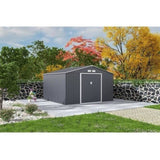 Abri de jardin en métal 10,85 m˛ - 340 x 319 x 210 cm - JUPITER - Kit d'ancrage inclus, 2 portes coulissantes - Gris