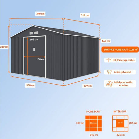Abri de jardin en métal 10,85 m˛ - 340 x 319 x 210 cm - JUPITER - Kit d'ancrage inclus, 2 portes coulissantes - Gris