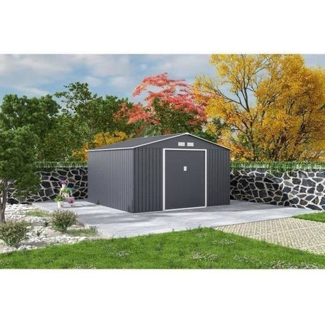Abri de jardin en métal 10,85 m˛ - 340 x 319 x 210 cm - JUPITER - Kit d'ancrage inclus, 2 portes coulissantes - Gris