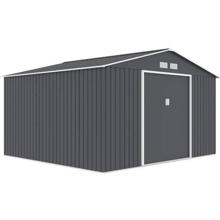Abri de jardin en métal 10,85 m˛ - 340 x 319 x 210 cm - JUPITER - Kit d'ancrage inclus, 2 portes coulissantes - Gris