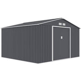 Abri de jardin en métal 10,85 m˛ - 340 x 319 x 210 cm - JUPITER - Kit d'ancrage inclus, 2 portes coulissantes - Gris