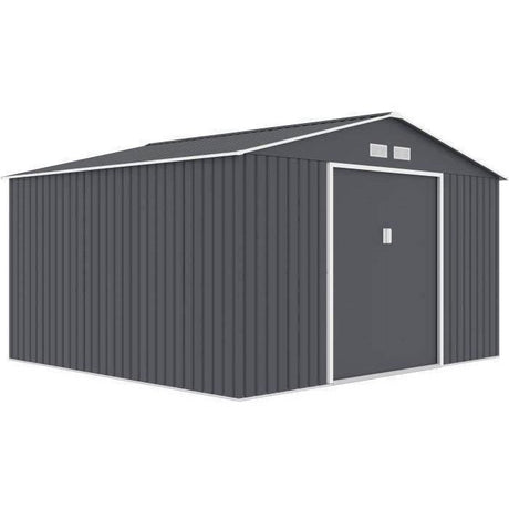 Abri de jardin en métal 10,85 m˛ - 340 x 319 x 210 cm - JUPITER - Kit d'ancrage inclus, 2 portes coulissantes - Gris