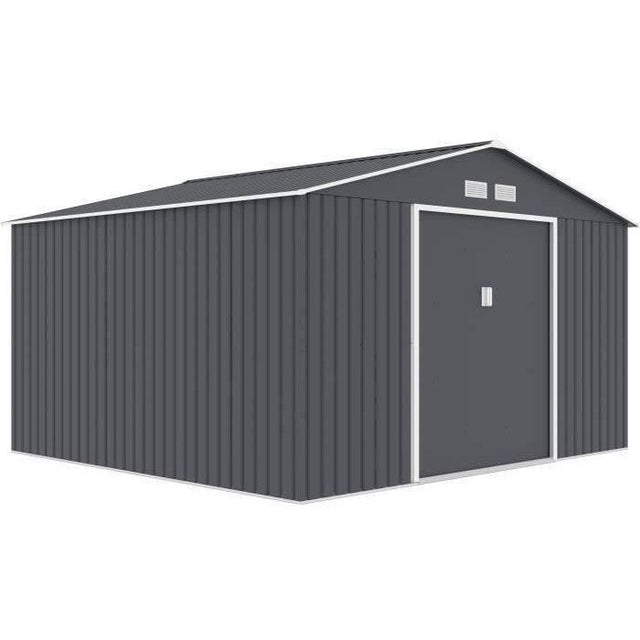 Abri de jardin en métal 10,85 m˛ - 340 x 319 x 210 cm - JUPITER - Kit d'ancrage inclus, 2 portes coulissantes - Gris