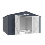 Abri de jardin en métal 10,85 m2 - 340 x 319 x 210 - LUNEX - Kit d'ancrage inclus, 2 portes battantes - Gris