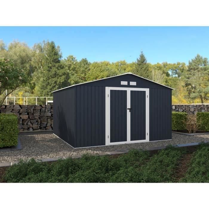 Abri de jardin en métal 10,85 m2 - 340 x 319 x 210 - LUNEX - Kit d'ancrage inclus, 2 portes battantes - Gris