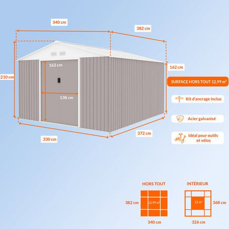 Abri de jardin en métal 12,99 m˛ - 340 x 382 x 210 cm - NEPTUNE - Kit d'ancrage inclus, 2 portes coulissantes - Taupe