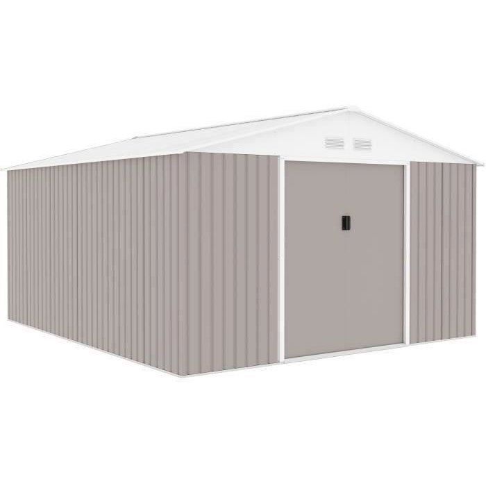 Abri de jardin en métal 12,99 m˛ - 340 x 382 x 210 cm - NEPTUNE - Kit d'ancrage inclus, 2 portes coulissantes - Taupe