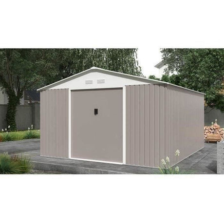 Abri de jardin en métal 12,99 m˛ - 340 x 382 x 210 cm - NEPTUNE - Kit d'ancrage inclus, 2 portes coulissantes - Taupe