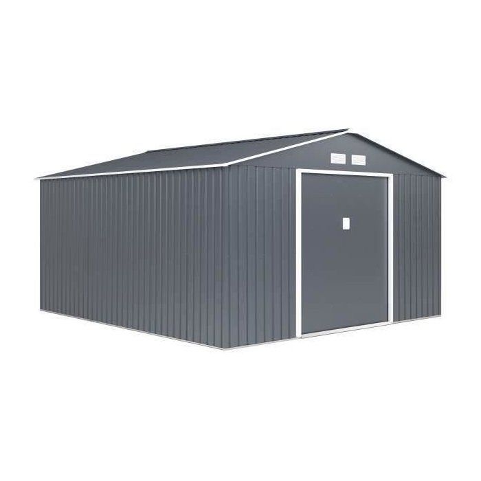 Abri de jardin en métal 12,99 m˛ - 340 x 382 x 210 cm - NEPTUNE - Kit d'ancrage inclus, 2 portes coulissantes - Gris