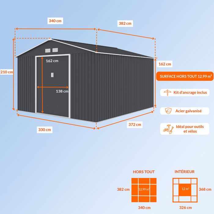 Abri de jardin en métal 12,99 m˛ - 340 x 382 x 210 cm - NEPTUNE - Kit d'ancrage inclus, 2 portes coulissantes - Gris