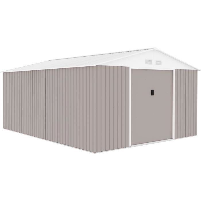 SATURNE Abri de jardin en mÈtal 15,16 m≤ - 340 x 446 x 210 - Kit d'ancrage inclus, 2 portes coulissantes - Taupe