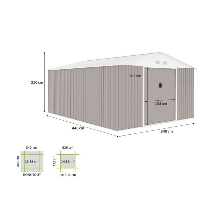 Abri de jardin en métal 15,16 m² - 340 x 446 x 210 - SATURNE - Kit d'ancrage inclus, 2 portes coulissantes - Taupe