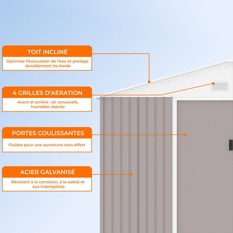 Abri de jardin en métal 15,16 m˛ - 340 x 446 x 210 - SATURNE - Kit d'ancrage inclus, 2 portes coulissantes - Taupe