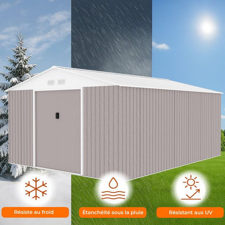 Abri de jardin en métal 15,16 m˛ - 340 x 446 x 210 - SATURNE - Kit d'ancrage inclus, 2 portes coulissantes - Taupe