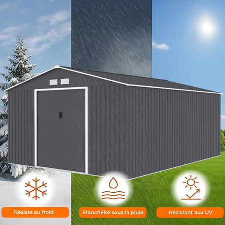 Abri de jardin en métal 15,16 m˛ - 340 x 446 x 210 - SATURNE - Kit d'ancrage inclus, 2 portes coulissantes - Gris