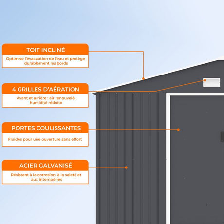 Abri de jardin en métal 15,16 m˛ - 340 x 446 x 210 - SATURNE - Kit d'ancrage inclus, 2 portes coulissantes - Gris