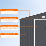 Abri de jardin en métal 15,16 m˛ - 340 x 446 x 210 - SATURNE - Kit d'ancrage inclus, 2 portes coulissantes - Gris