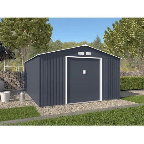 Abri de jardin en métal 15,16 m˛ - 340 x 446 x 210 - SATURNE - Kit d'ancrage inclus, 2 portes coulissantes - Gris
