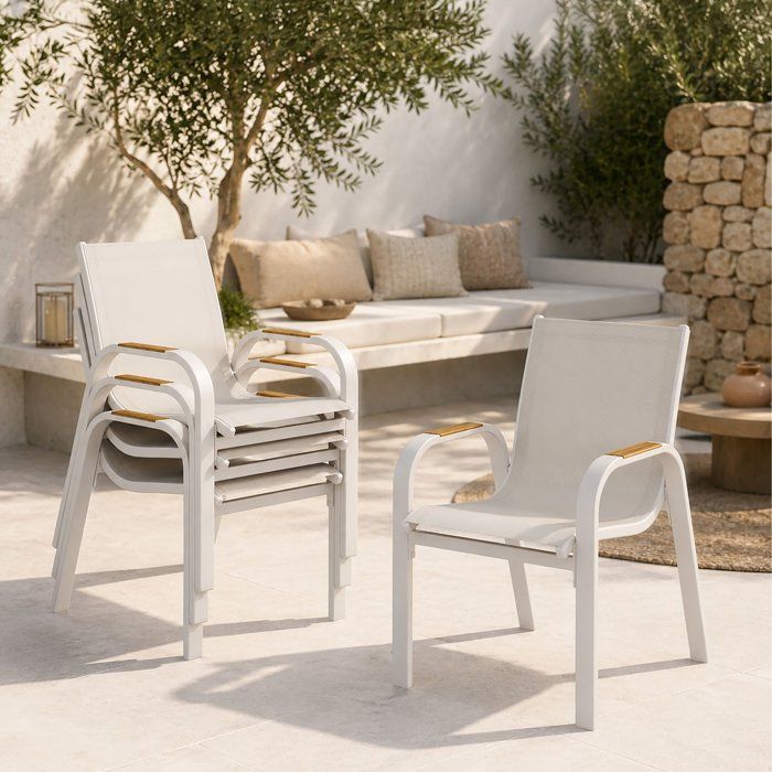Lot de 4 fauteuils repas de jardin - VIANEA – Structure aluminium et textilene – Blanc et naturel - 52 x 64 x 86 cm