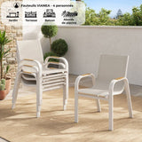 Lot de 4 fauteuils repas de jardin - VIANEA – Structure aluminium et textilene – Blanc et naturel - 52 x 64 x 86 cm