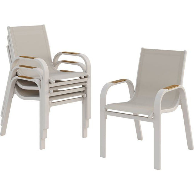 Lot de 4 fauteuils repas de jardin - VIANEA – Structure aluminium et textilene – Blanc et naturel - 52 x 64 x 86 cm