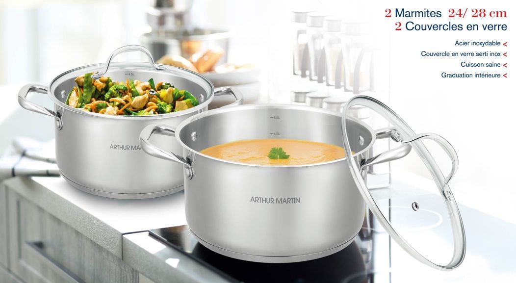 Set de 2 marmites - Tous feux dont induction - ARTHUR MARTIN - AM0155 - Acier inoxydable - Ø 24-28 cm + couvercle en verre - Inox