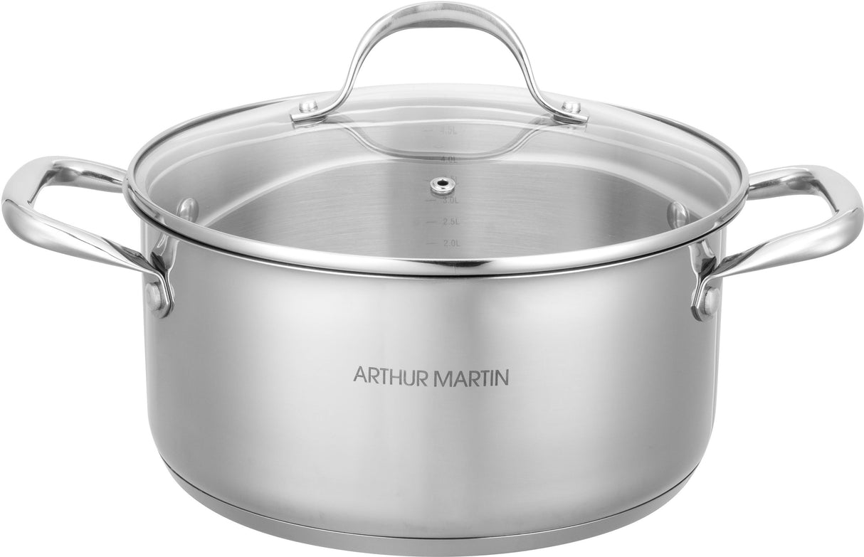 Set de 2 marmites - Tous feux dont induction - ARTHUR MARTIN - AM0155 - Acier inoxydable - Ø 24-28 cm + couvercle en verre - Inox