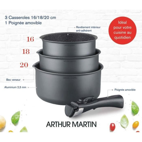 Set de 3 casseroles Gris Mat 16-18-20 cm + 1 poignée amovible - Aluminium – Revetement anti-adhésif - Tous feux dont induction