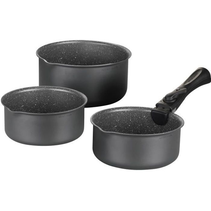 Set de 3 casseroles Gris Mat 16-18-20 cm + 1 poignée amovible - Aluminium – Revetement anti-adhésif - Tous feux dont induction