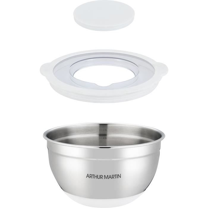 Set de saladiers - ARTHUR MARTIN - AM486 - 16-20-24 cm - Couvercles hermétiques - Acier inoxydable - Fond en silicone anti-dérapant