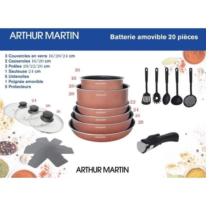 Batterie de cuisine 20 pieces Arthur Martin - aluminium - poignÈe amovible - tous feux dont induction