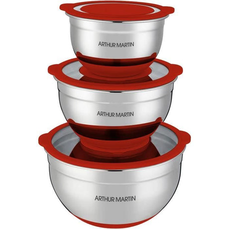 Set de saladiers - ARTHUR MARTIN - AM032 - 16-20-24 cm - Couvercles hermétiques - Acier inoxydable - Fond en silicone anti-dérapant