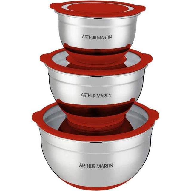 Set de saladiers - ARTHUR MARTIN - AM032 - 16-20-24 cm - Couvercles hermétiques - Acier inoxydable - Fond en silicone anti-dérapant