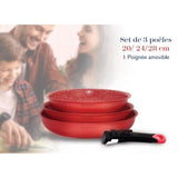 Batterie de cuisine - ARTHUR MARTIN - AMR37 - Set de 3 poeles - 20-24-28 cm + 1 poignÈe amovible - Tous feux dont induction