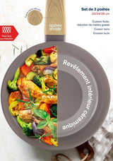 Set de 3 poeles - Tous feux dont induction - ARTHUR MARTIN - AM1052 - Revetement céramique - Ø 20-24-28 cm - Taupe