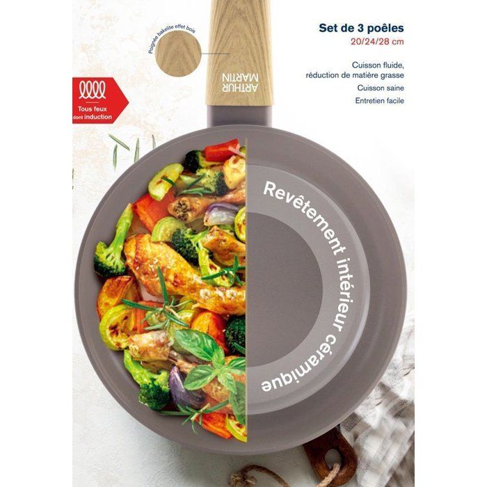 Set de 3 poeles - Tous feux dont induction - ARTHUR MARTIN - AM1052 - Revetement céramique - Ř 20-24-28 cm - Taupe