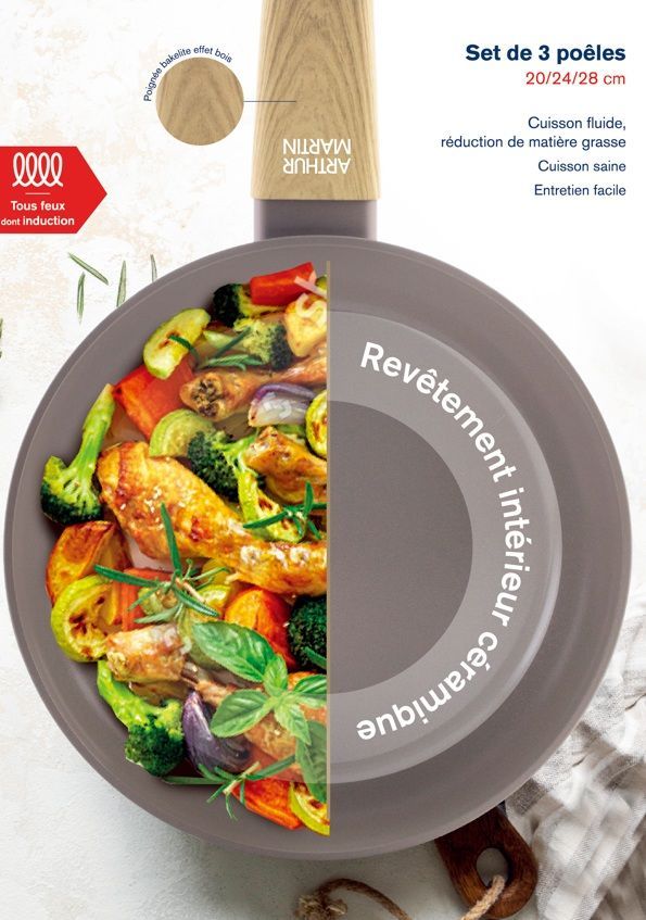 Set de 3 poeles - Tous feux dont induction - ARTHUR MARTIN - AM1052 - Revetement céramique - Ø 20-24-28 cm - Taupe