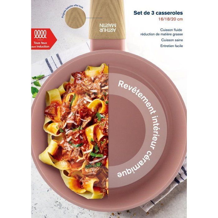 Set de 3 casseroles - Tous feux dont induction - ARTHUR MARTIN - AM0702 - Revetement céramique - Ø 16-18-20 cm - Rose
