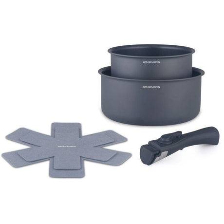 Set de 2 casseroles - Tous feux dont induction - ARTHUR MARTIN - AM2984 - Anti-adhésif - Ř 16-20 cm + Poignée amovible - Gris mat