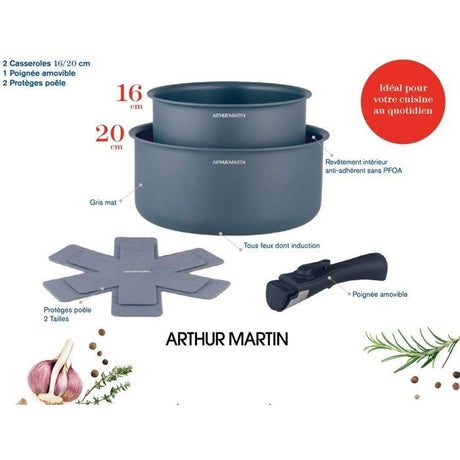 Set de 2 casseroles - Tous feux dont induction - ARTHUR MARTIN - AM2984 - Anti-adhésif - Ř 16-20 cm + Poignée amovible - Gris mat