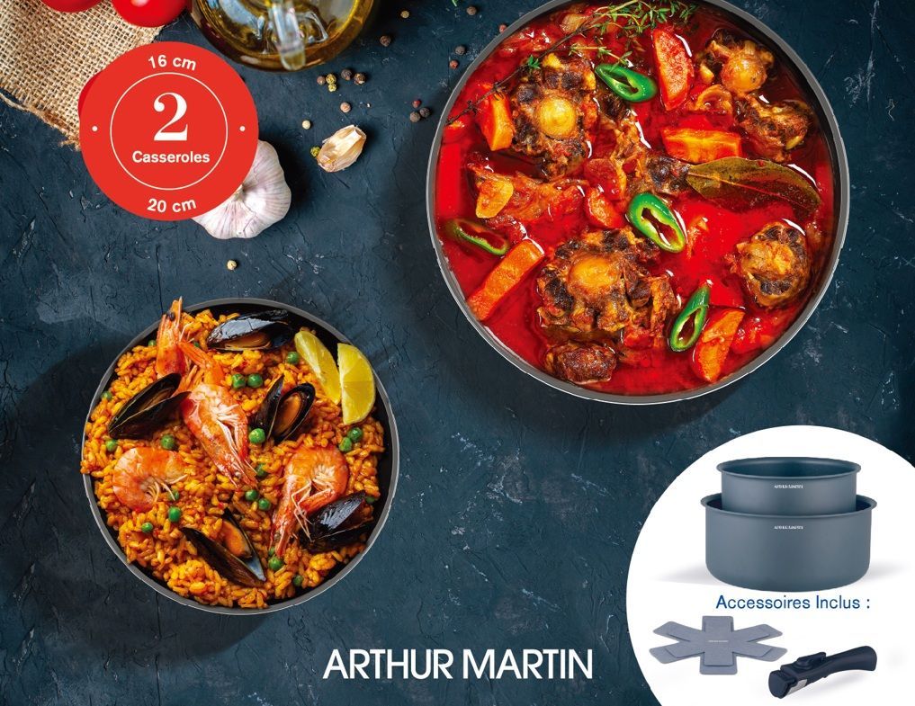 Set de 2 casseroles - Tous feux dont induction - ARTHUR MARTIN - AM2984 - Anti-adhésif - Ø 16-20 cm + Poignée amovible - Gris mat