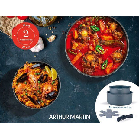Set de 2 casseroles - Tous feux dont induction - ARTHUR MARTIN - AM2984 - Anti-adhésif - Ř 16-20 cm + Poignée amovible - Gris mat